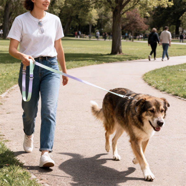 A person is walking a dog on a leash in a park.