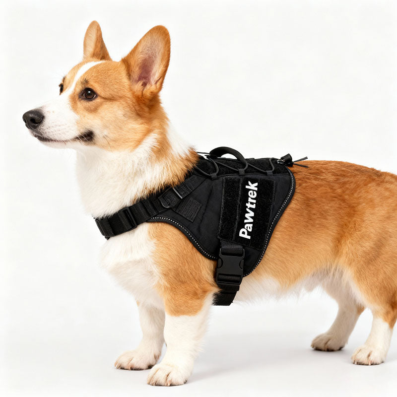 This image shows a Corgi dog wearing a black harness with the brand name "Pawtrek" on it.