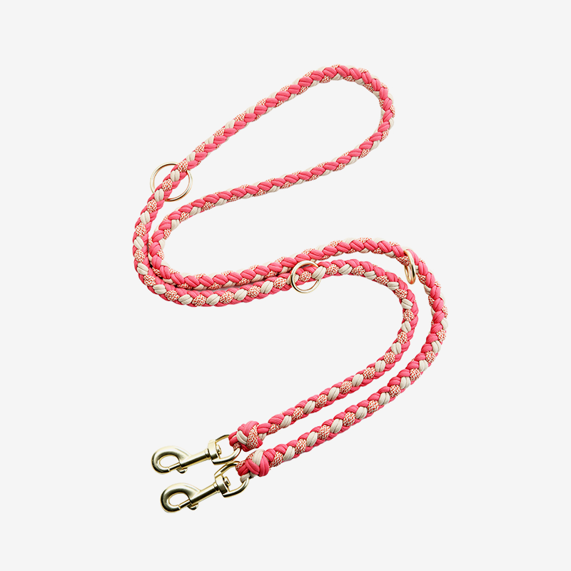 Pawtrek handcrafted 3-in-1 braided dog leash in Pink and cream, 2m adjustable, with bronze clips – Australia