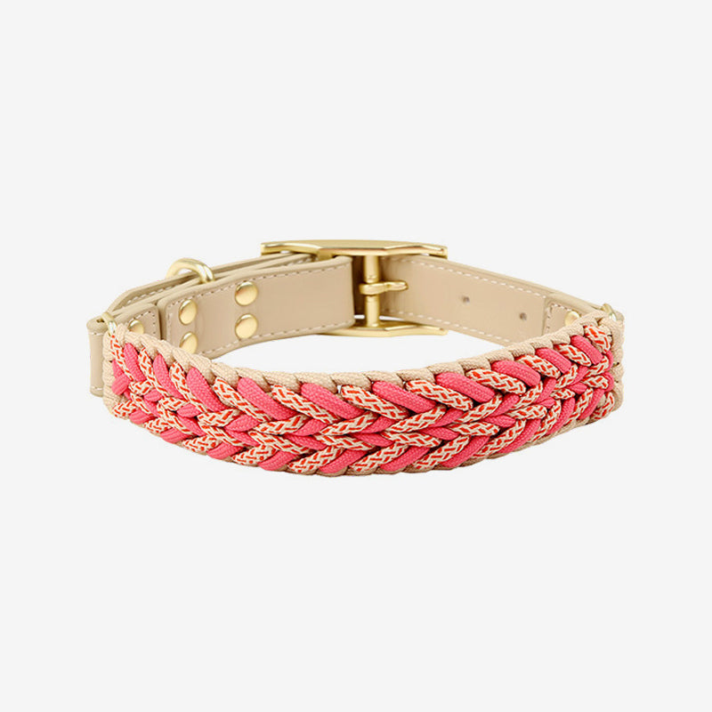 Pawtrek handcrafted braided dog collar with pink and cream woven design and gold hardware – Australia