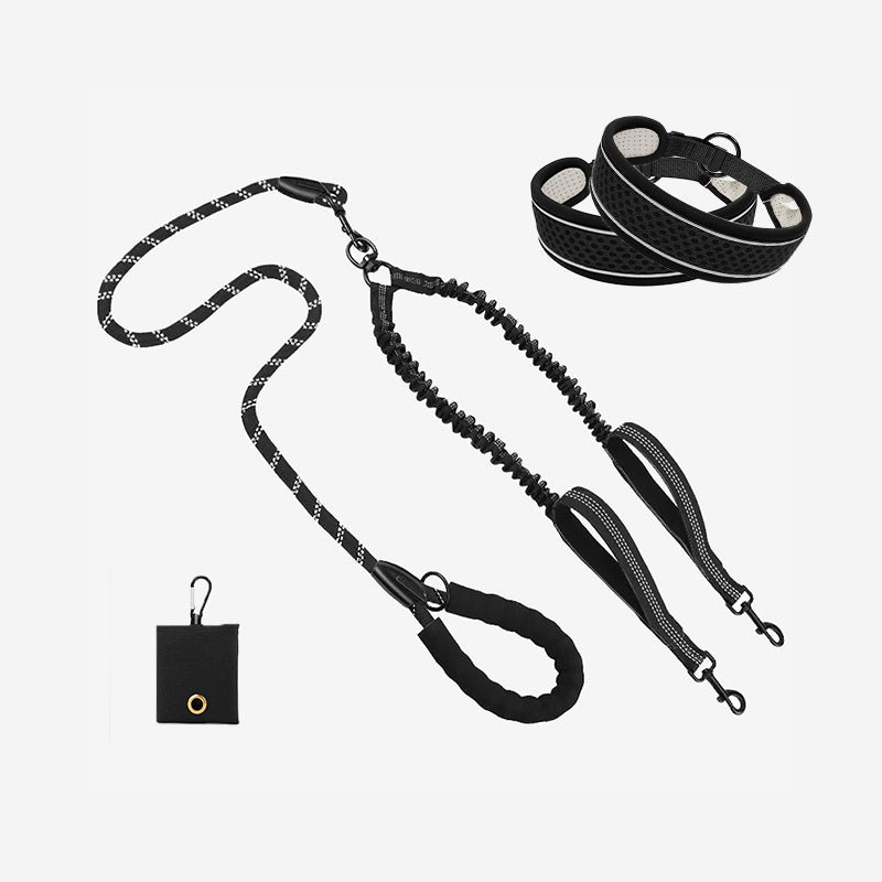 Black Pawtrek dual dog leash set with bungee shock absorber, padded handles, adjustable collars, and waste bag holder – Pawtrek Australia