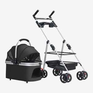 3-in-1 multifunctional pet stroller with detachable carrier, mesh canopy, and lightweight foldable frame.