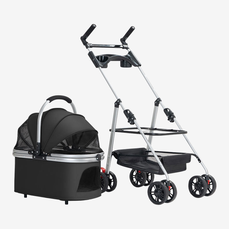 3-in-1 multifunctional pet stroller with detachable carrier, mesh canopy, and lightweight foldable frame.