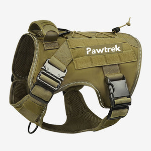 Khaki Pawtrek tactical dog harness with adjustable straps and customizable name tag – Australia