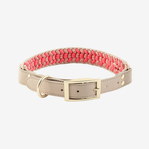 Pawtrek handcrafted braided dog collar with pink and cream woven design and gold hardware – Australia