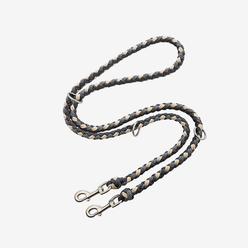 Pawtrek handcrafted 3-in-1 braided dog leash in Grey and cream, 2m adjustable, with bronze clips – Australia