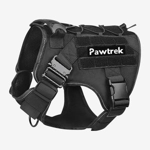 Black Pawtrek tactical dog harness with adjustable straps and customizable name tag – Australia
