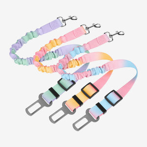 Set of colorful adjustable pet car seat belts with elastic bungee design and metal clips.