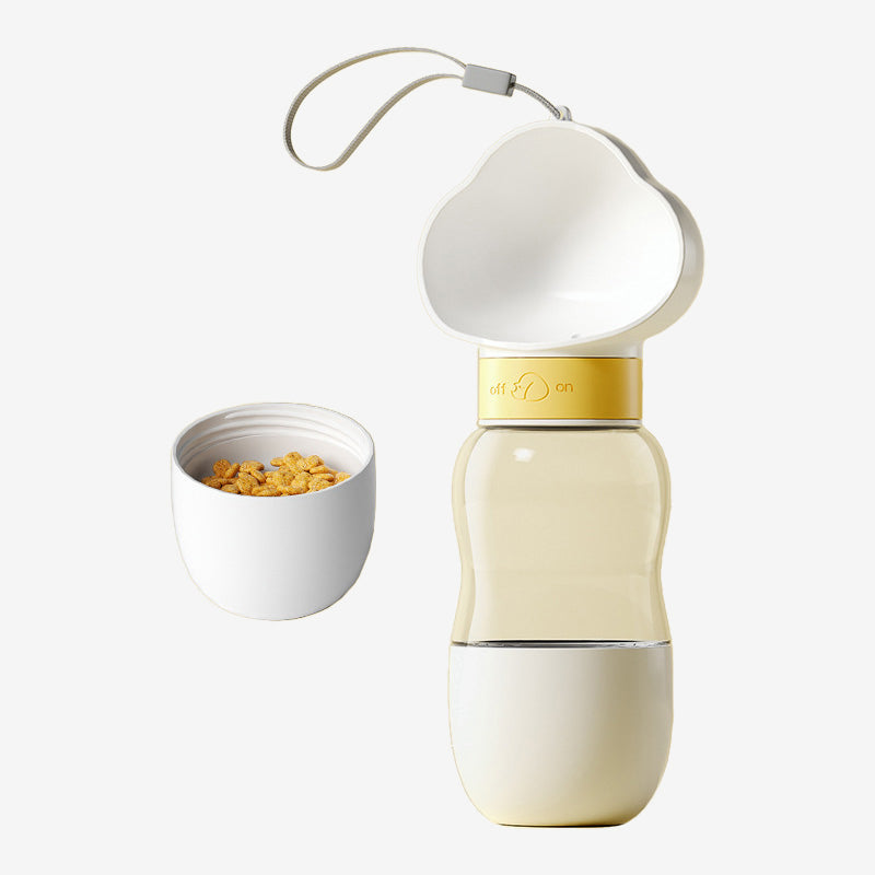 Portable dog water bottle with attached bowl and detachable food container, featuring a yellow lock and wrist strap.