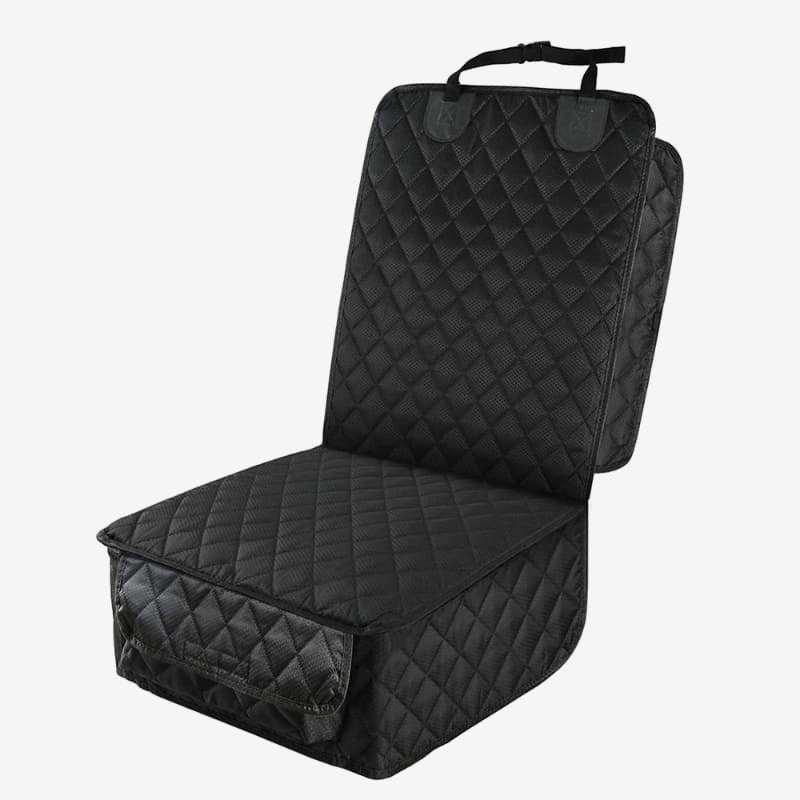 Black quilted single car seat cover with adjustable headrest strap and protective side flaps.