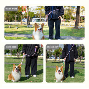 Pawtrek adjustable P-leash showing three walking modes: waist-wearing, hand-held, and cross-body styles with a corgi dog outdoors – Australia