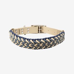 Pawtrek handcrafted braided dog collar with navy blue and cream woven design and gold hardware – Australia