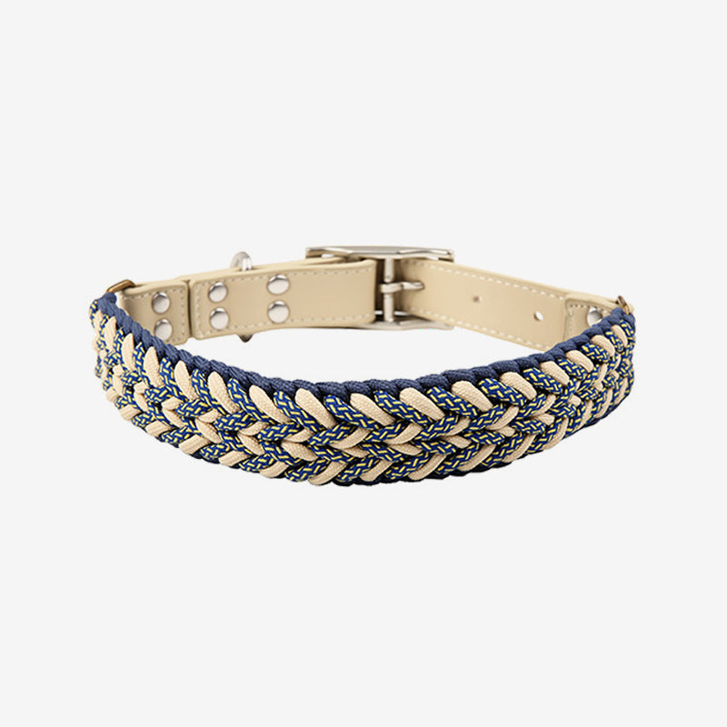 Pawtrek handcrafted braided dog collar with navy blue and cream woven design and gold hardware – Australia