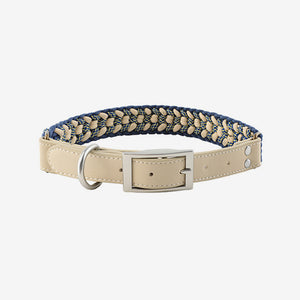 Pawtrek handcrafted braided dog collar with navy blue and cream woven design and gold hardware – Australia