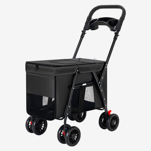 Black foldable pet stroller with mesh sides, four double wheels, and a handlebar featuring cup holders.