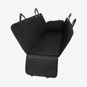 Black quilted Oxford fabric backseat car cover with adjustable straps for pet and seat protection.