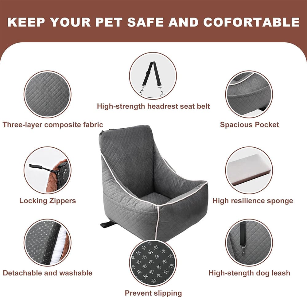Single Seat Pet Car Booster with Safety Belt – Comfortable & Washable Travel Booster