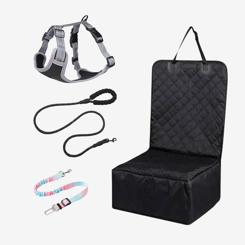Pet car travel set including a gray harness, black leash, colorful seat belt, and black quilted single seat cover.