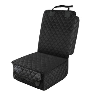 Black quilted single car seat cover with adjustable headrest strap and protective side flaps.